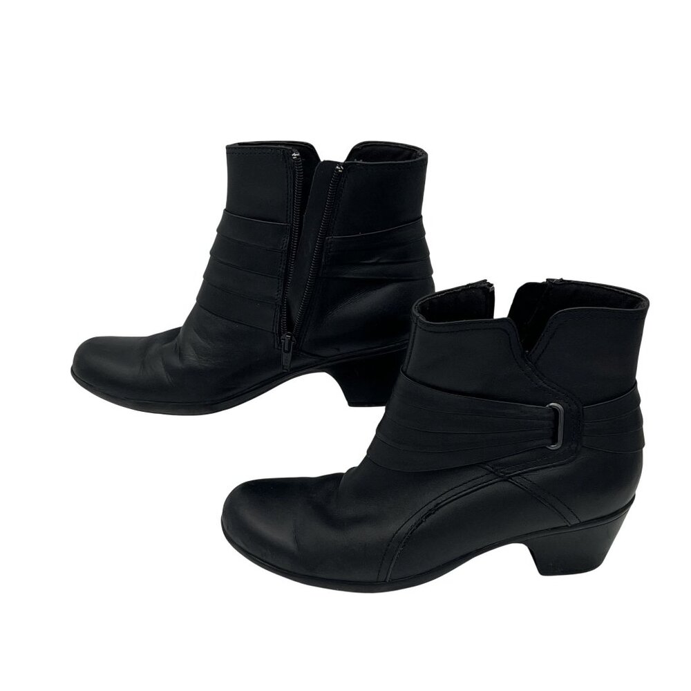 Clarks Womens Black Leather Ankle Boots Size 7 With Side Zipper & Stacked Heel